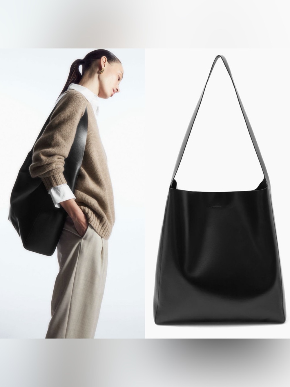 Cos black leather slouchy shoulder bag oversized tote